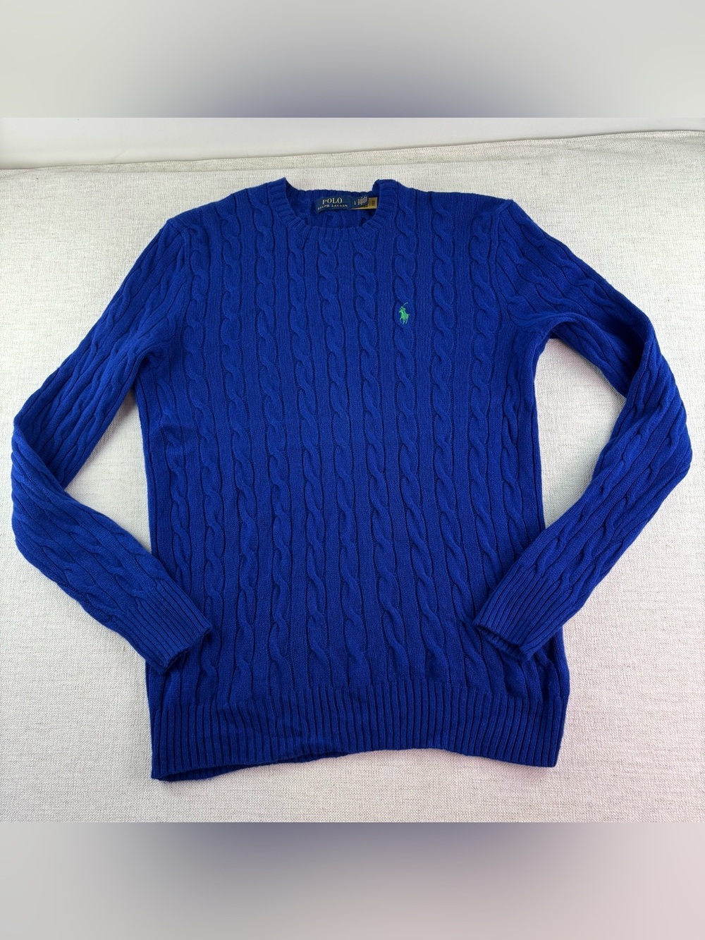 Polo Ralph Lauren Men L cashmere wool cable knit sweater crew neck cobalt blue